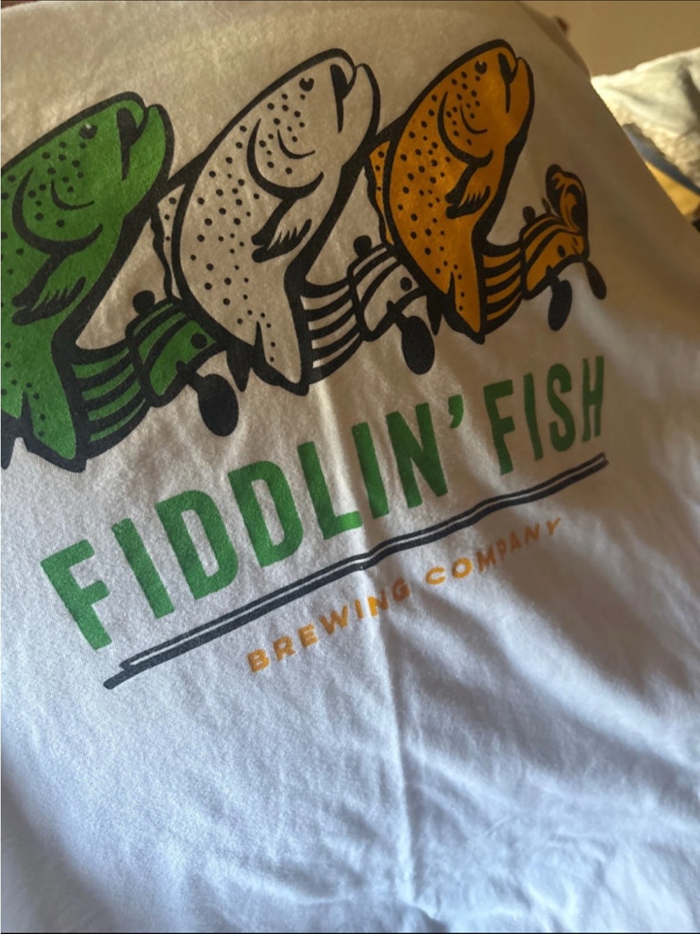 Comfort Colors White Tee with Green, White & Gold Fish Graphic